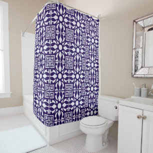 Royal Indigo Elegant Geometric Floral Mosaic Shower Curtain