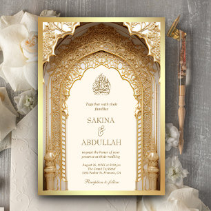 Royal Islamic Arch Cream Gold Muslim Wedding Invitation