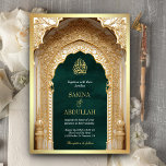 Royal Islamic Arch Emerald Gold Muslim Wedding Invitation<br><div class="desc">Amaze your guests with this elegant Islamic wedding invite featuring a beautiful arch with intricate details and modern typography with QR Code for RSVP or add your venue location URL to help your guests locate your wedding venue faster. Simply add your event details on this easy-to-use template to make it...</div>