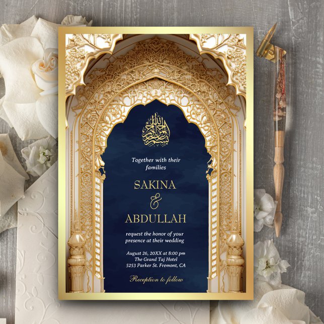 Royal Islamic Arch Navy Blue Gold Muslim Wedding Invitation (Creator Uploaded)