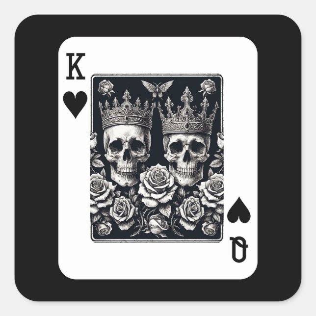 Royal King & Queen of Hearts Skulls & Roses Square Sticker (Front)