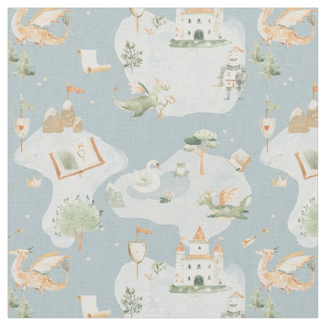 Royal Kingdom castle Dragon Blue map Fabric (Close Up)