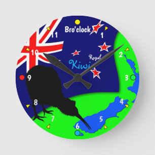"Royal Kiwi" Bird & New Zealand Map - Bro Round Clock