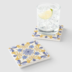 Royal Lisbon Scrollwork  Elegant Portuguese Blue  Stone Coaster