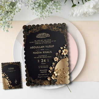 Royal & Luxurious Golden Floral Islamic Wedding Invitation