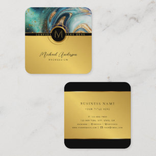 Royal Luxury Gold Round Abstract & Agate Monogram  Square Business Card