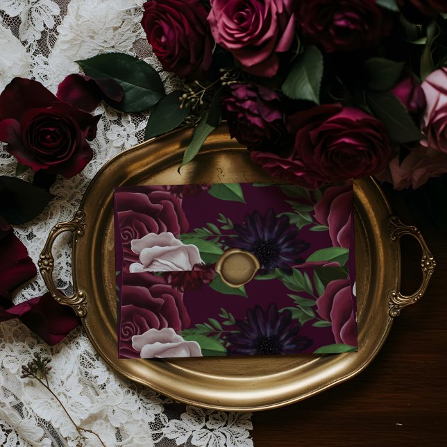 Royal Mediaeval Fantasy Plum Floral Wedding Seal Envelope (Royal Medieval Fantasy Plum Floral Wedding Seal Envelope)