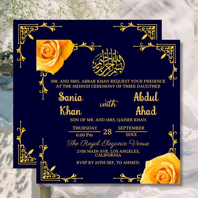 Royal Mehndi Yellow Rose Islamic Muslim Wedding  Invitation (Creator Uploaded)