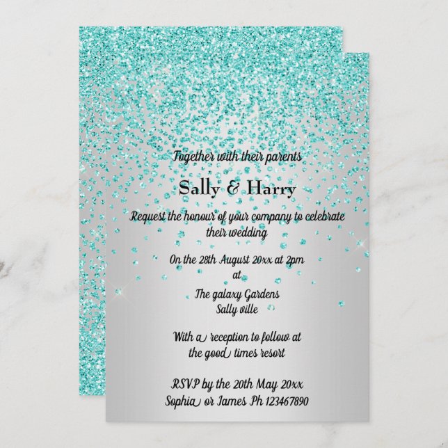 Royal Mint Diamonds wedding Green crystal Silver Invitation (Front/Back)