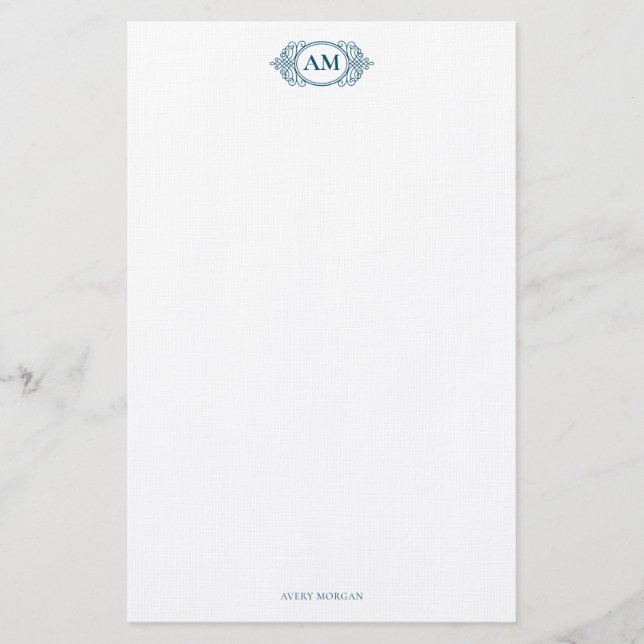 Royal Monogram Crest Navy Blue Personalised Stationery (Front)
