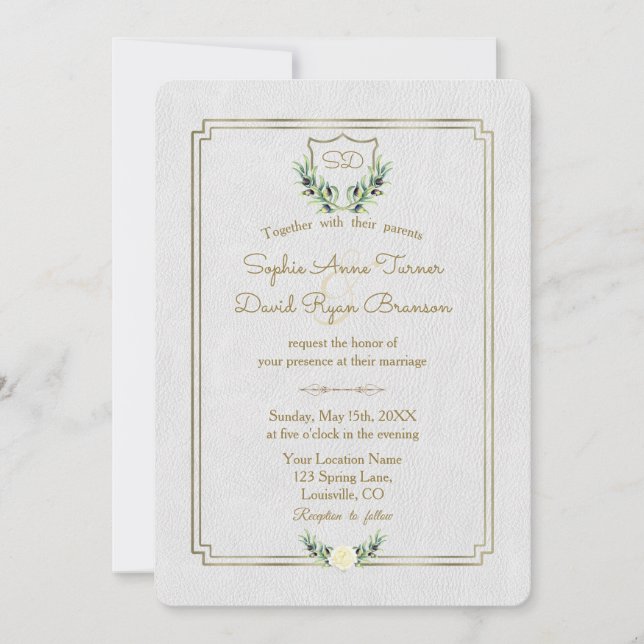 Royal Monogram Gold Crest Greenery Wedding Invitation (Front)