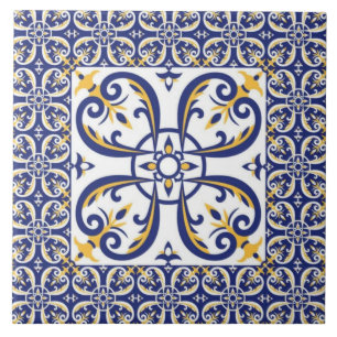 Royal Mosaic Blue and Gold Ornamental Floral Ceramic Tile