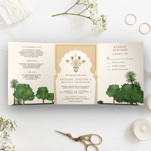 Royal Mughal Theme Garden Indian Style Wedding Tri-Fold Invitation