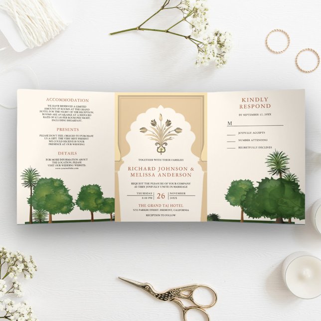 Royal Mughal Theme Garden Indian Style Wedding Tri-Fold Invitation (Creator Uploaded)