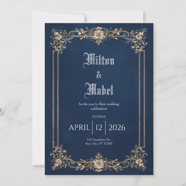 Royal Navy and Gold Floral Wedding Invitation (Front)