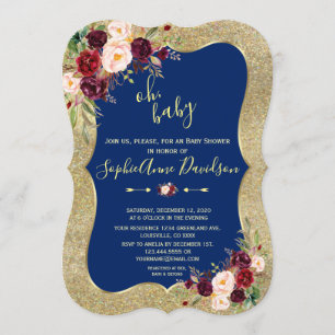Royal Navy Blue Blush Floral Gold BABY SHOWER Invitation