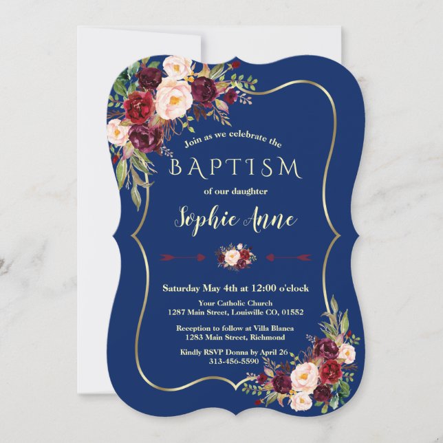 Royal Navy Blue Burgundy Floral Gold Girl Baptism Invitation (Front)