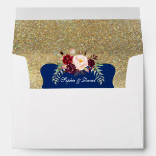Royal Navy Blue Burgundy Floral Gold Wedding Envelope