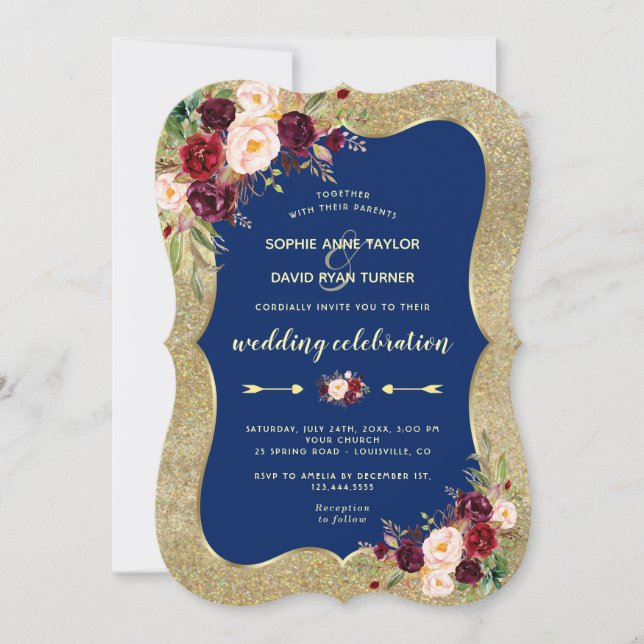 Royal Navy Blue Burgundy Floral Gold Wedding Invitation (Front)