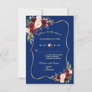 Royal Navy Blue Burgundy Floral Gold Wedding RSVP