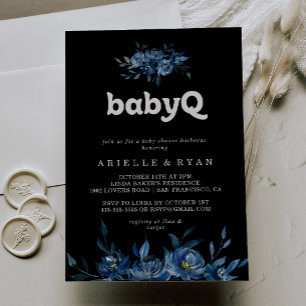 Royal Navy Blue Floral BabyQ Baby Shower Barbecue Invitation
