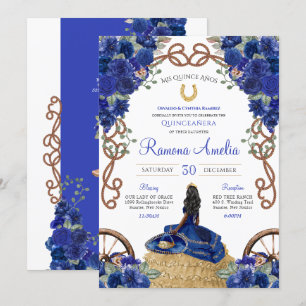 Royal Navy Blue Floral Charro Western Quinceanera  Invitation