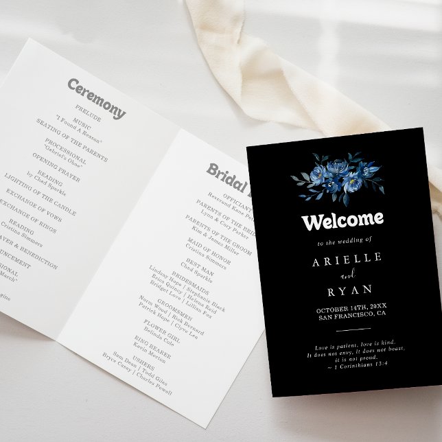 Royal Navy Blue Floral Folded Wedding Program (Creator Uploaded)