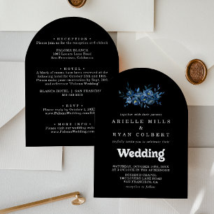 Royal Navy Blue Floral Front & Back Wedding Invitation