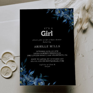 Royal Navy Blue Floral It's A Girl Baby Shower Invitation