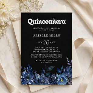 Royal Navy Blue Floral Quinceañera Invitation