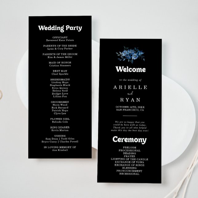 Royal Navy Blue Floral Wedding Program (Creator Uploaded)