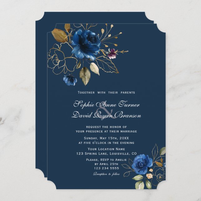 Royal Navy Blue Gold Flowers Wedding Invitation (Front/Back)