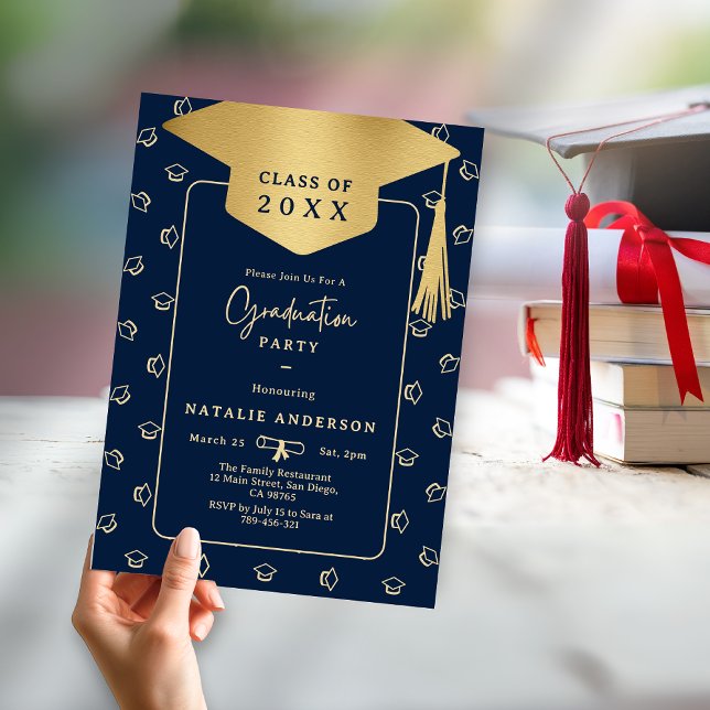 Royal Navy Blue Gold Graduate Hat Graduation Party Invitation (Royal Navy Blue Gold Graduate Hat Graduation Party Invitation)