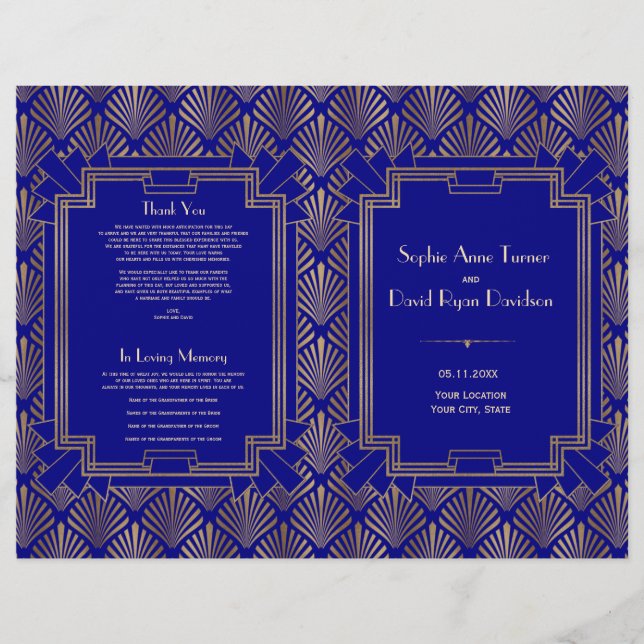 Royal Navy Blue Gold Great Gatsby Art Deco Program (Front)