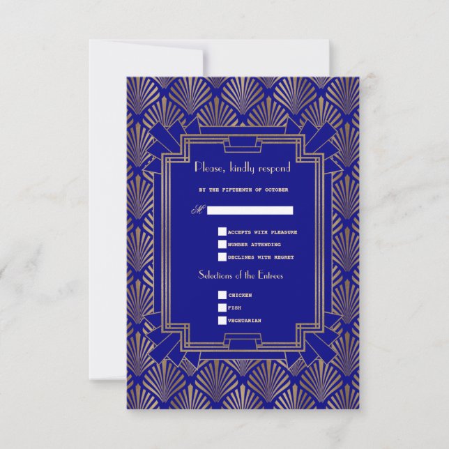 Royal Navy Blue Gold Great Gatsby Art Deco RSVP Card (Front)