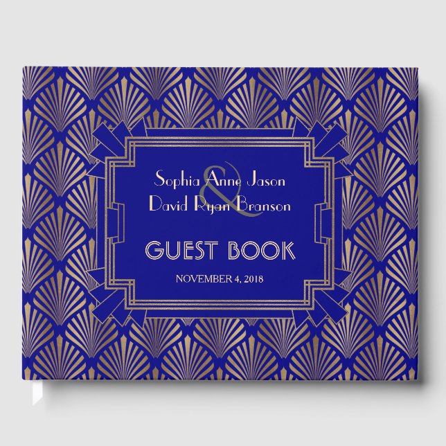 Royal Navy Blue Gold Great Gatsby Art Deco Wedding Guest Book (Front)