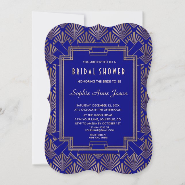Royal Navy Blue Gold Great Gatsby Bridal Shower Invitation (Front)