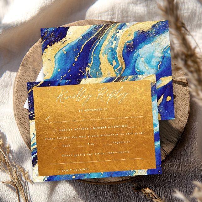 Royal Navy Blue Gold Kindly Reply Wedding RSVP Card (Creator Uploaded)