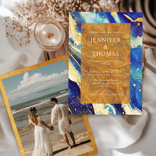 Royal Navy Blue Gold Wedding Invitation With Photo (Creator Uploaded)