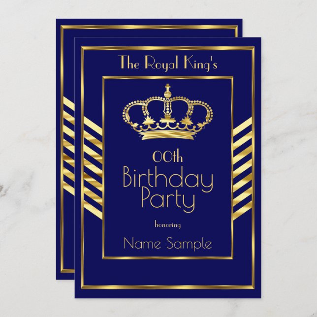 Royal Navy Blue King Man Birthday Party Gold Crown Invitation (Front/Back)