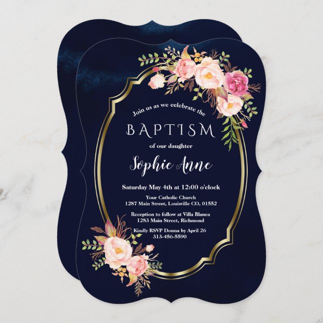 Royal Navy Blue Pink Floral Gold Girl Baptism Invitation (Front/Back)