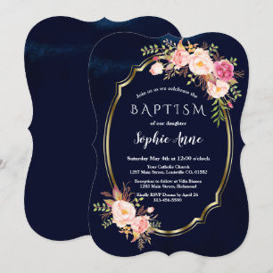 Royal Navy Blue Pink Floral Gold Girl Baptism Invitation