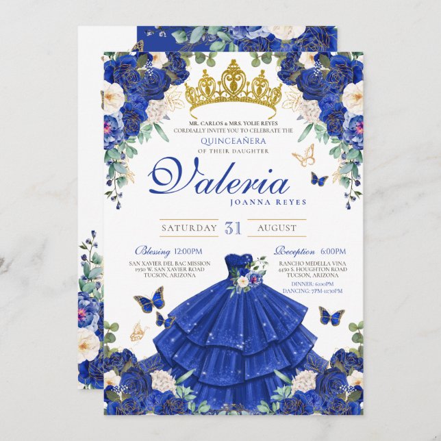 Royal Navy Blue Rose Butterfly Princess Birthday Invitation (Front/Back)