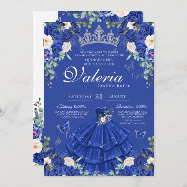 Royal Navy Blue Rose Butterfly Silver Quinceanera Invitation (Front/Back)