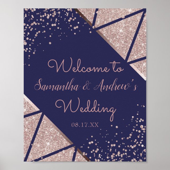 Royal Navy Blue Rose Gold Confetti Glitter Wedding Poster (Front)