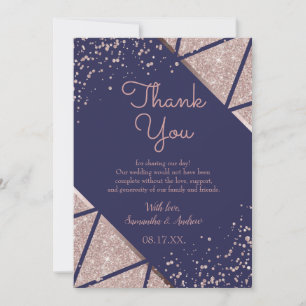 Royal Navy Blue Rose Gold Confetti Glitter Wedding Thank You Card