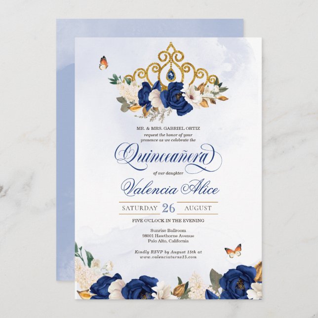 Royal Navy Blue Roses Gold Tiara Butterfly Quince Invitation (Front/Back)