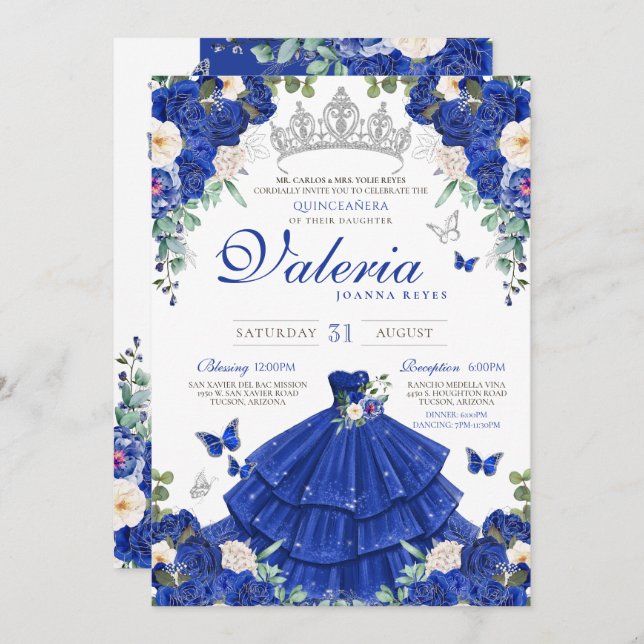 Royal Navy Blue Silver Butterfly Princess Birthday Invitation (Front/Back)