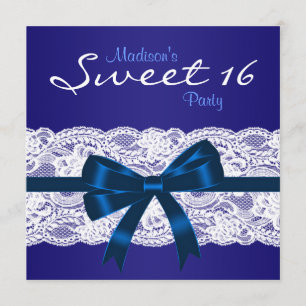 Royal Navy Blue White Lace Blue Sweet 16 Party Invitation