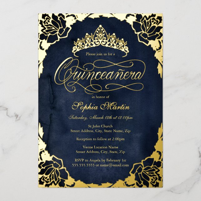 Royal Navy Gold Elegant Rose Script Quinceanera  (Front)